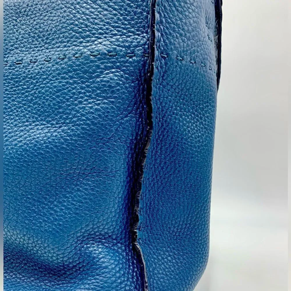 Auth Fendi Cuoio Romano Blue Selleria cLeather 2way Anna Bucket Bag Hobo Shopper